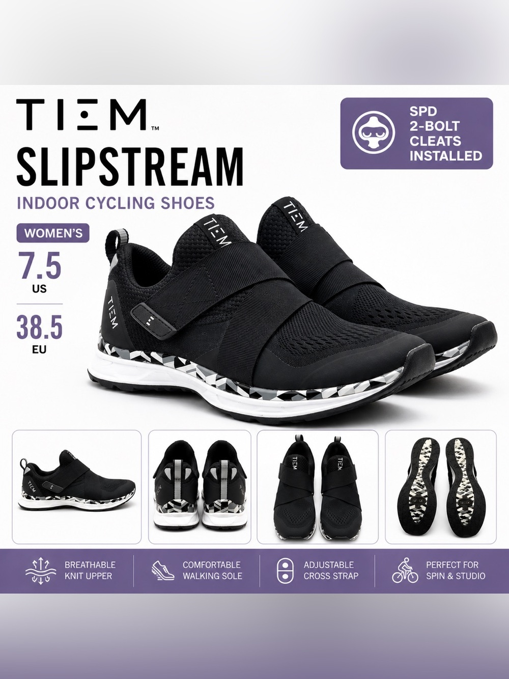 TIEM Slipstream Cycling Shoes Womens 7.5 Black SPD Indoor Spin Fitness EU 38.5